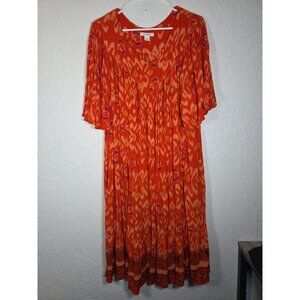 Go Softly Patio Red Orange Print Flutter Sleeve Gauze V-Neck Dress XLarge